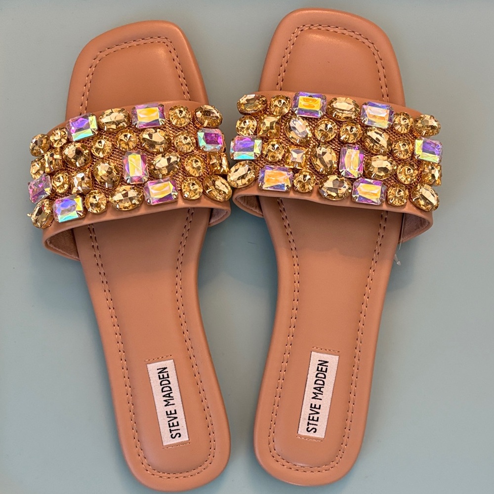 Steve Madden Tan Slide Sandals with Gold and Iridescent Jewels